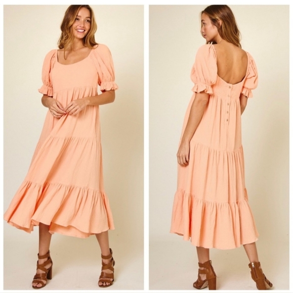 Beautiful Boho Laura Short Sleeve Tiered Midi Prairie Dress Peach Large W-457 - Picture 3 of 13